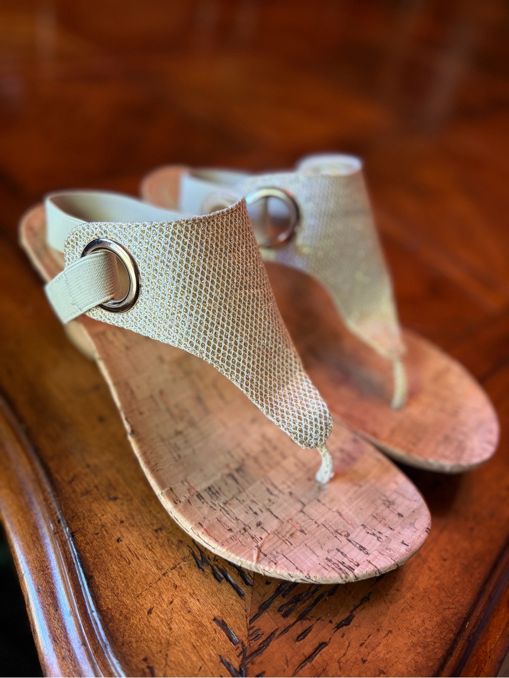 White Mountain Gold-Tone Cork Thong Sandals with Ring Accent #1263